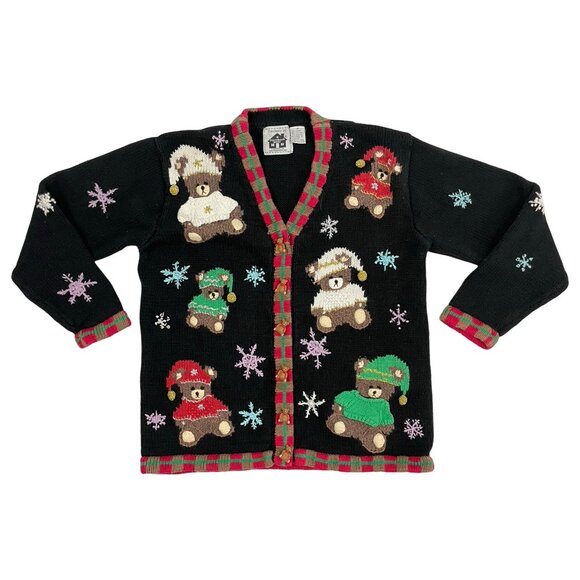 Vintage Teddy Bear Sweater Button Front Cardigan Winter Theme Ramie Cotton 1980s - Picture 1 of 4